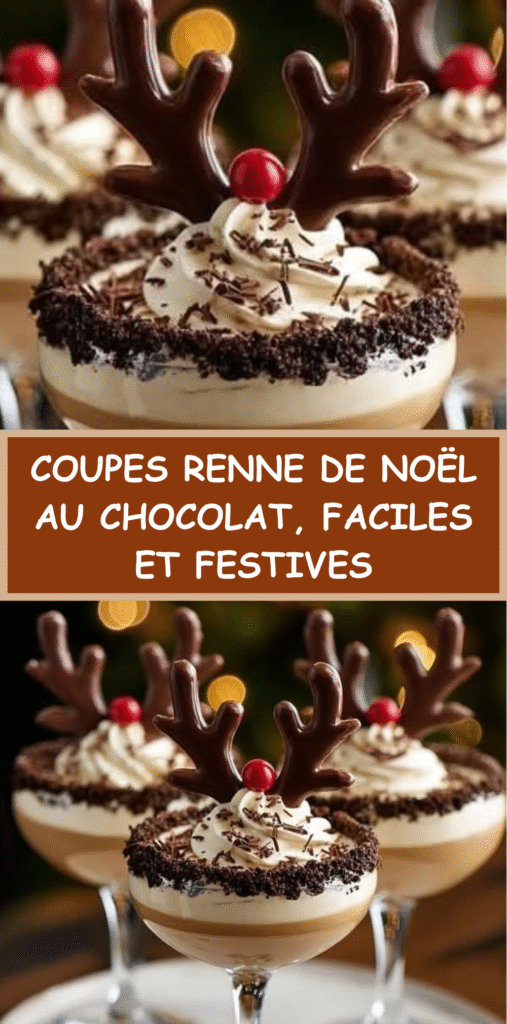 Coupes dessert au chocolat décorées en rennes de Noël avec crème fouettée, bois en chocolat et nez rouge.