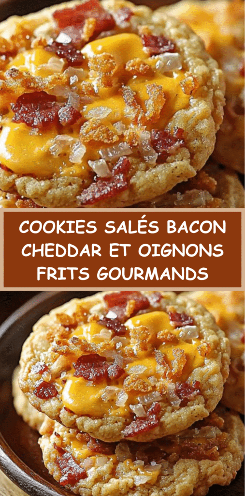 Cookies salés dorés au bacon, cheddar et oignons frits posés sur une grille de refroidissement.