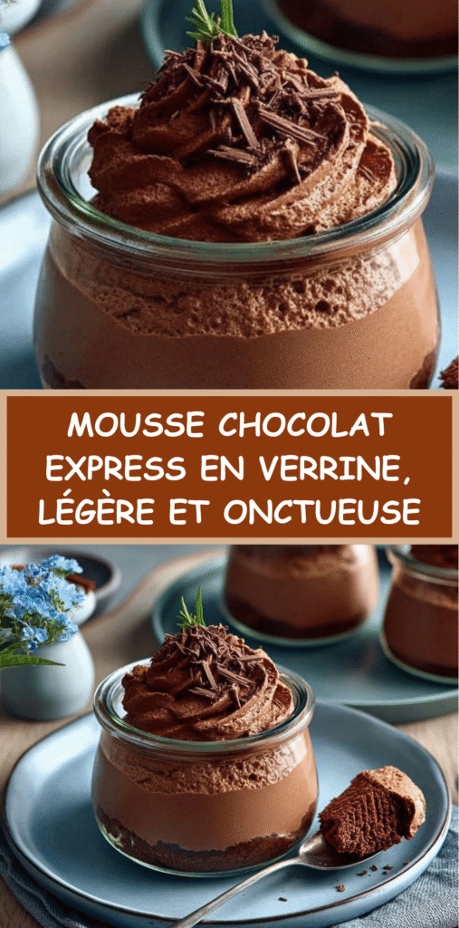 Verrines de mousse au chocolat express garnies de copeaux de chocolat sur un fond de biscuits croustillants.