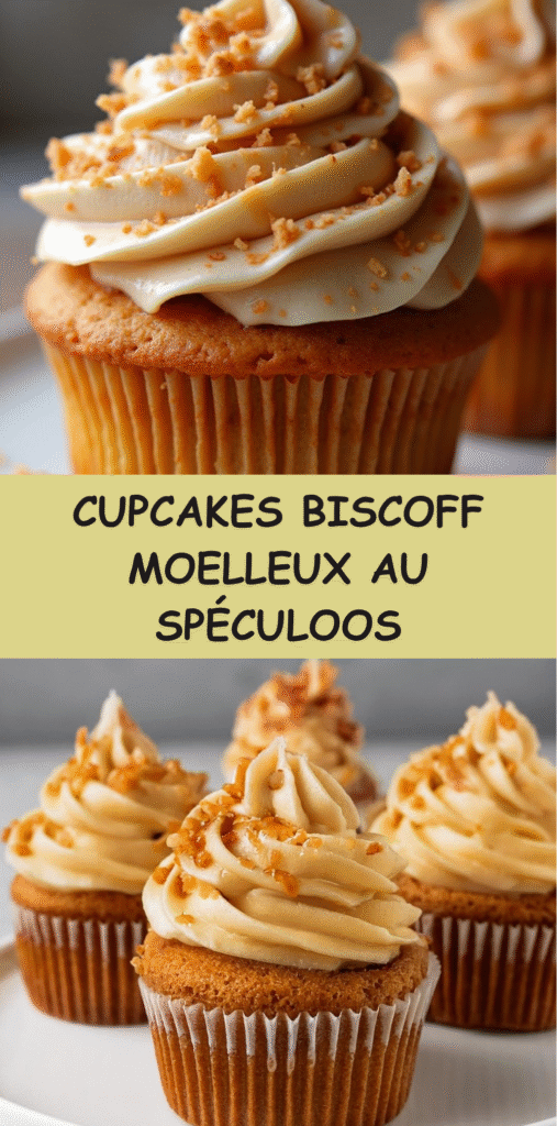 Cupcakes Biscoff au spéculoos décorés d’un glaçage Biscoff tourbillonné et de miettes de biscuits.
