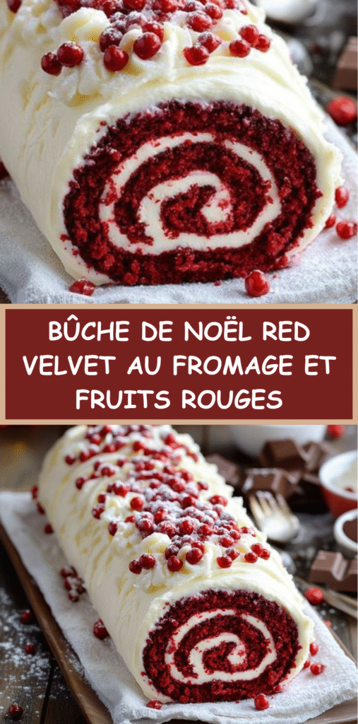 Bûche de Noël Red Velvet roulée, glacée au fromage à la crème et décorée de framboises et fruits rouges avec sucre glace façon neige.