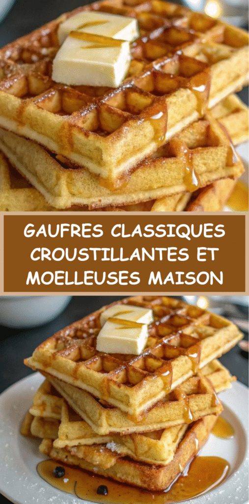 Assiette de gaufres dorées et croustillantes empilées, servies avec du beurre fondant et du sirop d’érable qui coule sur les carrés.