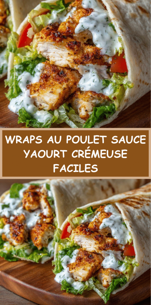 Wraps au poulet coupés en deux, garnis de laitue croquante, tomates et sauce yaourt crémeuse, servis sur une assiette avec quelques feuilles de salade.