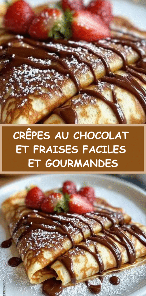 Assiette de crêpes pliées en quartiers, garnies de sauce au chocolat et de fraises fraîches tranchées, saupoudrées de sucre glace.