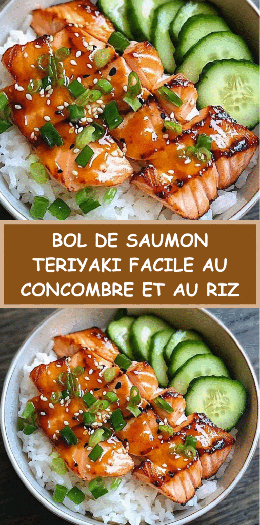 Bol de saumon teriyaki laqué servi sur du riz avec concombre frais, graines de sésame et ciboulette.