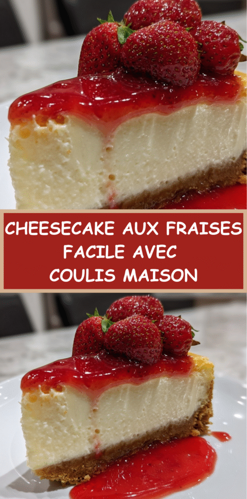 Cheesecake crémeux sur base biscuitée, nappé de coulis de fraises et décoré de fraises fraîches.