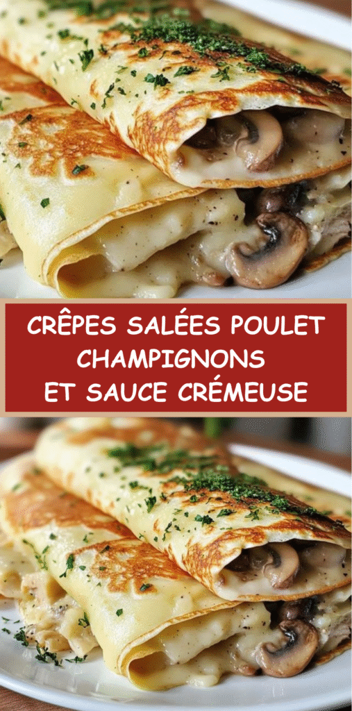 Crêpes salées garnies de poulet et champignons en sauce crémeuse, pliées et gratinées avec du fromage dans un plat.
