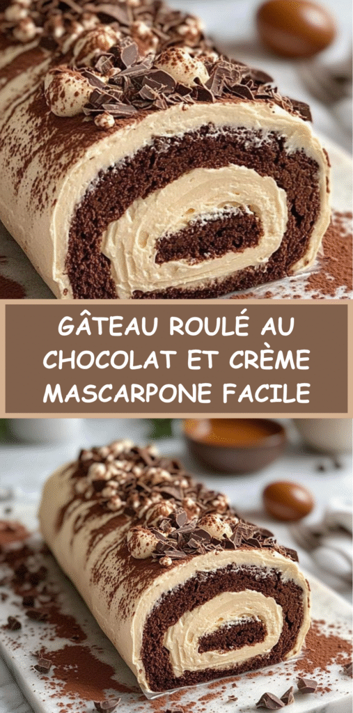 Gâteau roulé au chocolat garni de crème mascarpone, décoré de brisures de chocolat et de noisettes concassées sur un plat de service.