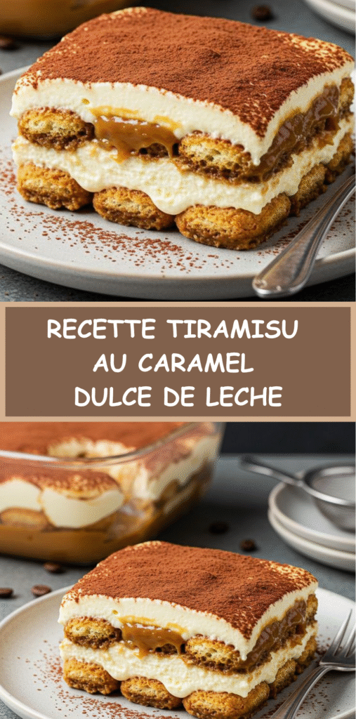 Verrine de tiramisu au caramel dulce de leche, en couches de biscuits imbibés de café, crème mascarpone et caramel, saupoudrée de cacao.