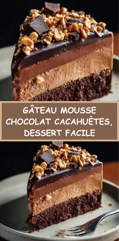 Gâteau mousse chocolat et cacahuètes sur base biscuitée croquante, nappé de ganache brillante et décoré de fruits secs concassés.