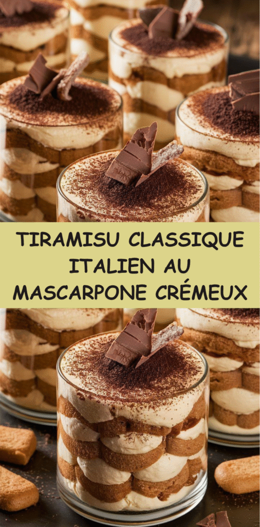 tiramisu classique italien traditionnel en verrine avec cacao tamisé et copeaux de chocolat.