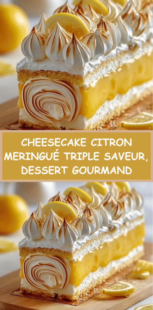 Cheesecake citron meringué triple citron avec croûte croustillante, cœur fondant au fromage et lemon curd, surmonté d’une meringue dorée aux belles volutes.