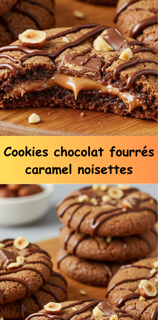 Cookieschocolat fourrés au caramel fondant et parsemés de noisettes hachées.