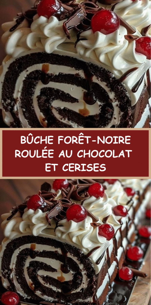Bûche roulée Forêt-Noire au chocolat, crème mascarpone et cerises, façon gâteau roulé élégant avec copeaux de chocolat, sirop parfumé et décor aux cerises pour Noël.