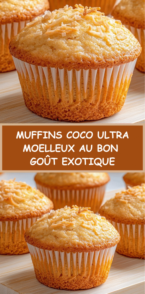 Muffins à la noix de coco ultra moelleux, dorés au four et saupoudrés de coco râpée sur le dessus.
