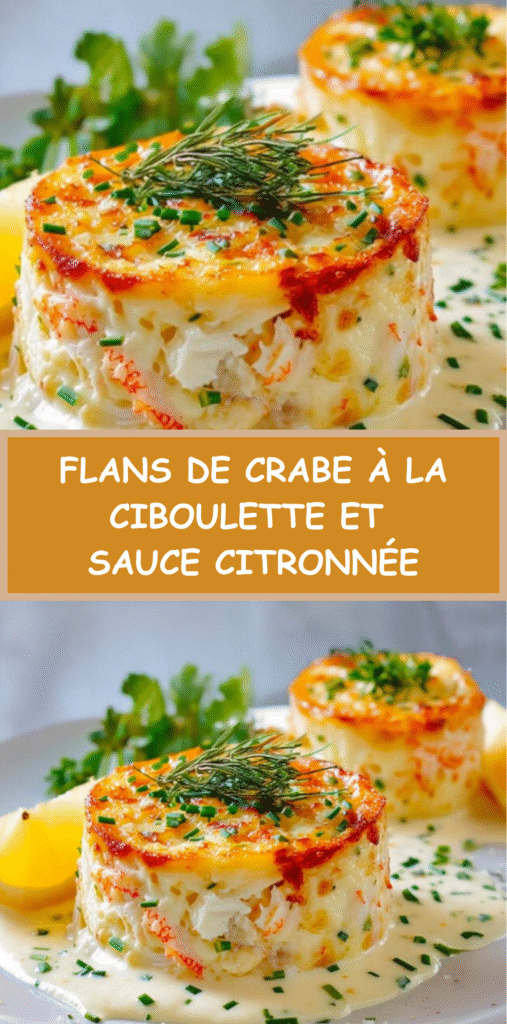 Flans de crabe individuels nappés de sauce à la ciboulette et au citron, servis en entrée sur une assiette raffinée.