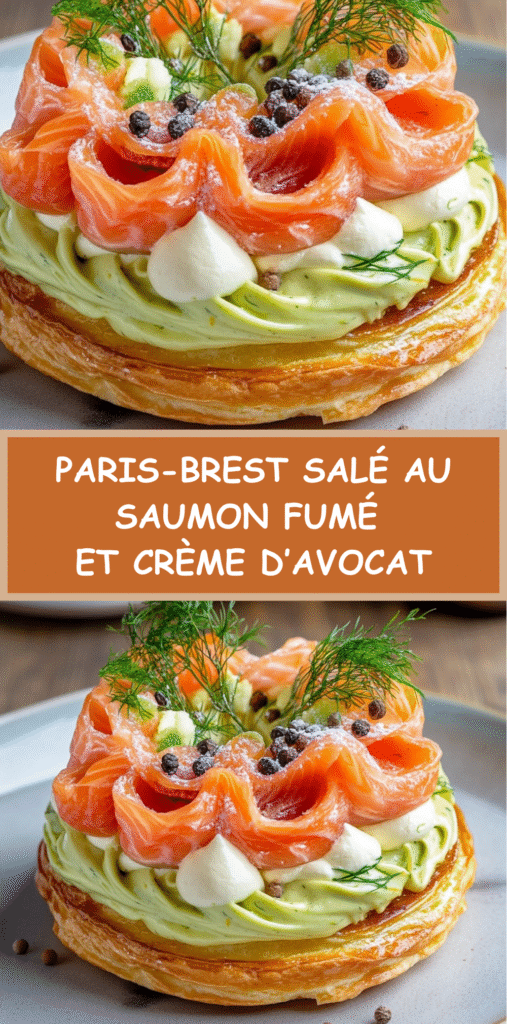 Paris-Brest salé garni de crème d’avocat citronnée, saumon fumé, fromage frais et aneth, dressé en entrée raffinée.