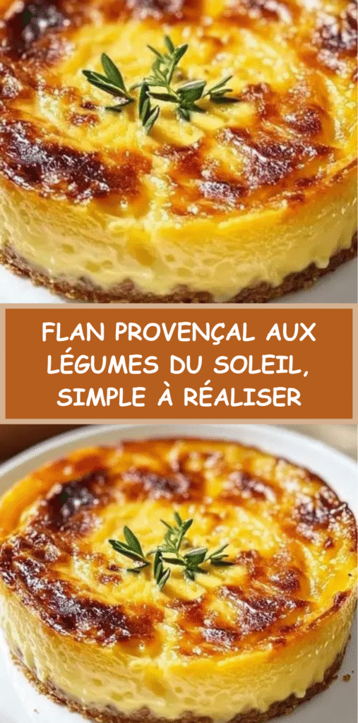 Part de flan provençal doré aux tomates, courgettes et poivrons, servie avec une salade verte dans une assiette.