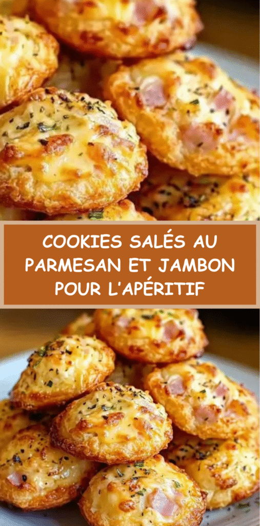 Assiette de cookies salés dorés au parmesan et jambon, disposés pour l’apéritif sur une planche en bois avec un petit bol de sauce.