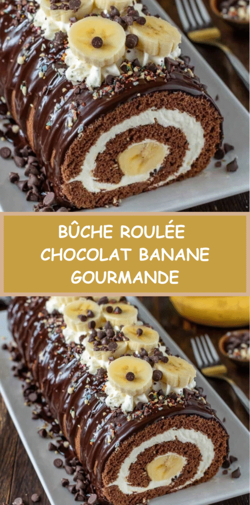 Tranche de bûche roulée chocolat banane avec génoise cacao, crème mascarpone et glaçage chocolat brillant, décorée de rondelles de banane et de pépites de chocolat.