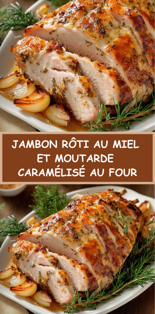 Jambon rôti au miel et moutarde, doré et caramélisé, tranché dans un plat avec oignons rôtis.