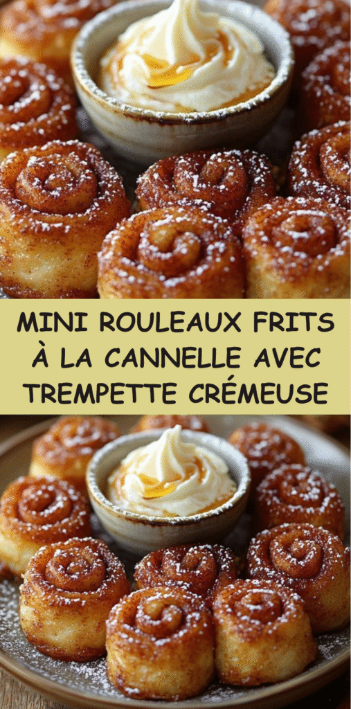 Mini rouleaux frits dorés enrobés de sucre et cannelle, servis avec une trempette au fromage à la crème.