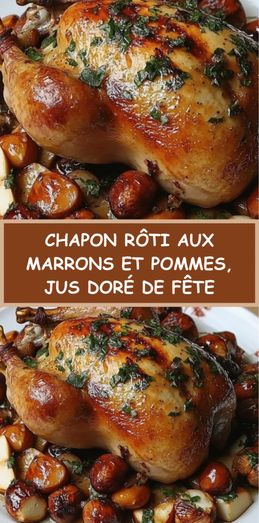 Chapon rôti doré entouré de marrons et quartiers de pommes, nappé de jus, servi dans un grand plat de fête.
