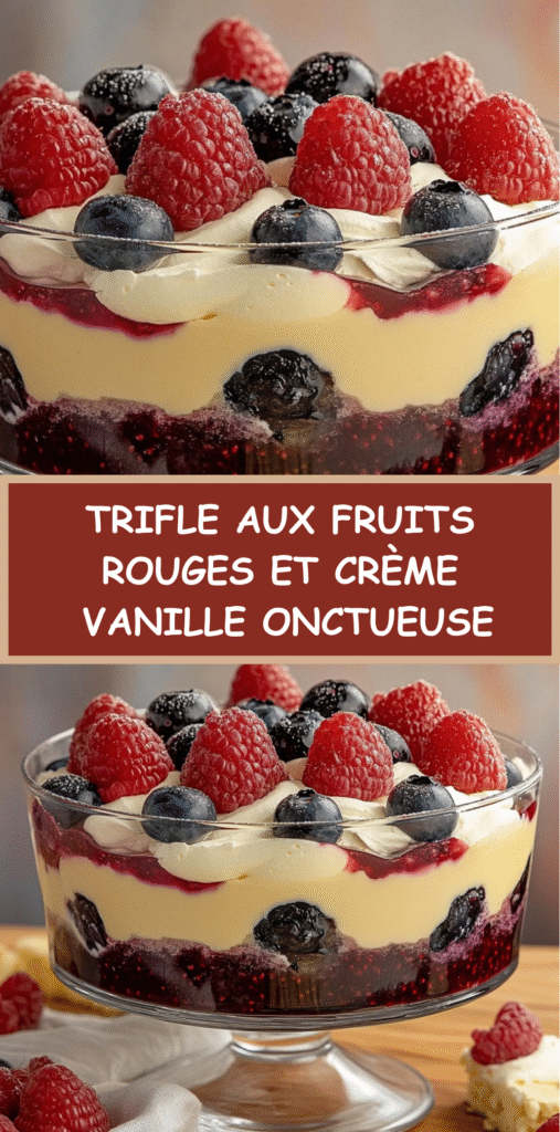 Verrine de trifle aux fruits rouges avec couches de génoise, coulis, crème vanille et chantilly, décorée de framboises et myrtilles fraîches.