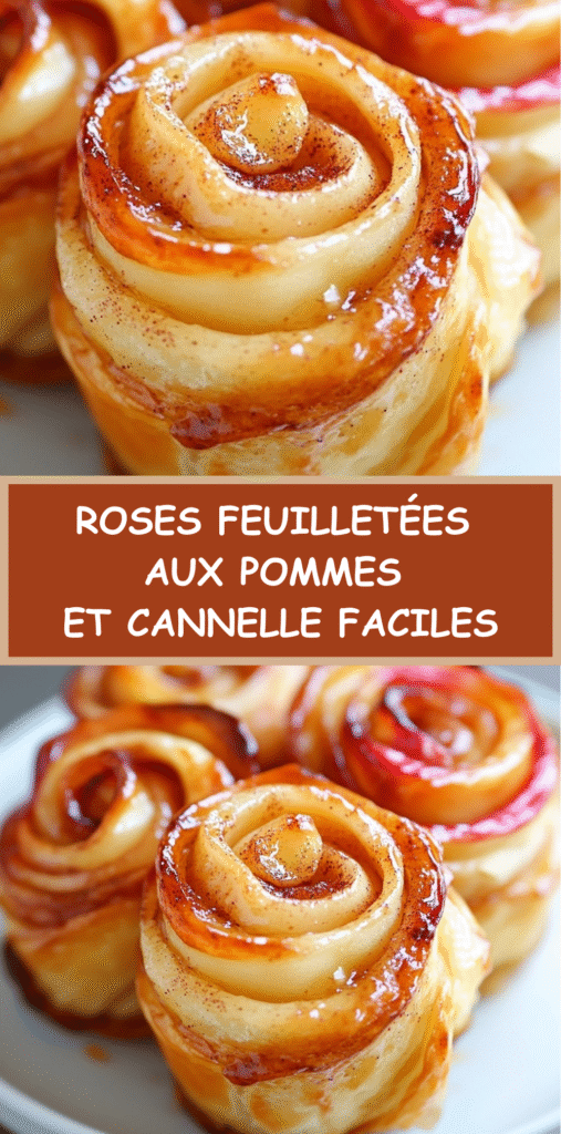 Roses feuilletées dorées aux pommes et à la cannelle dans un moule à muffins, saupoudrées de sucre glace.