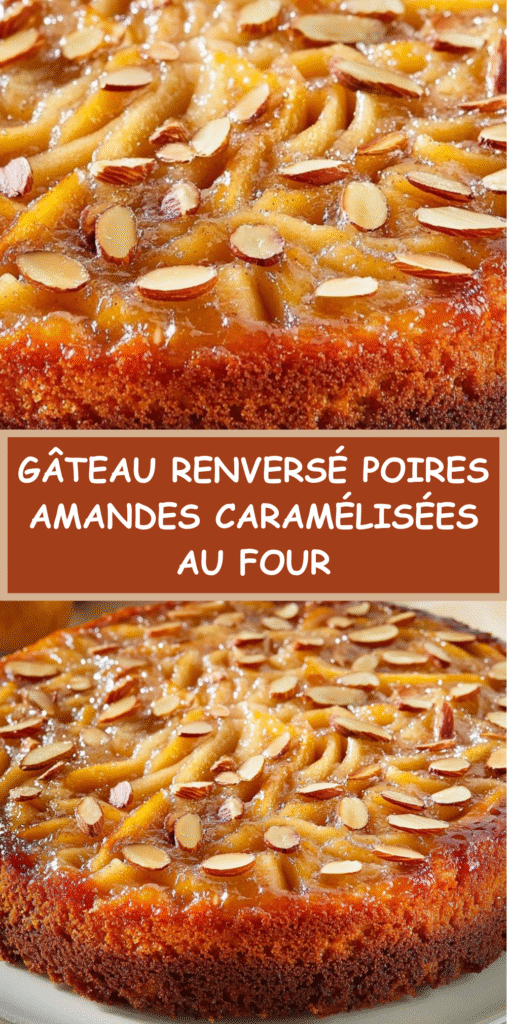Gâteau renversé aux poires caramélisées et amandes effilées, doré, servi sur un plat.