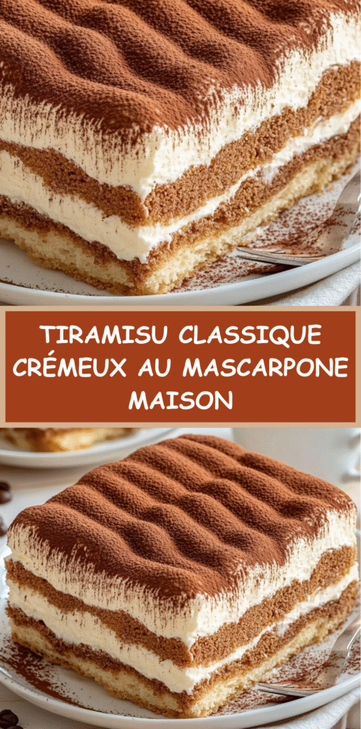 Tiramisu classique crémeux au mascarpone, en plat familial, saupoudré de cacao.