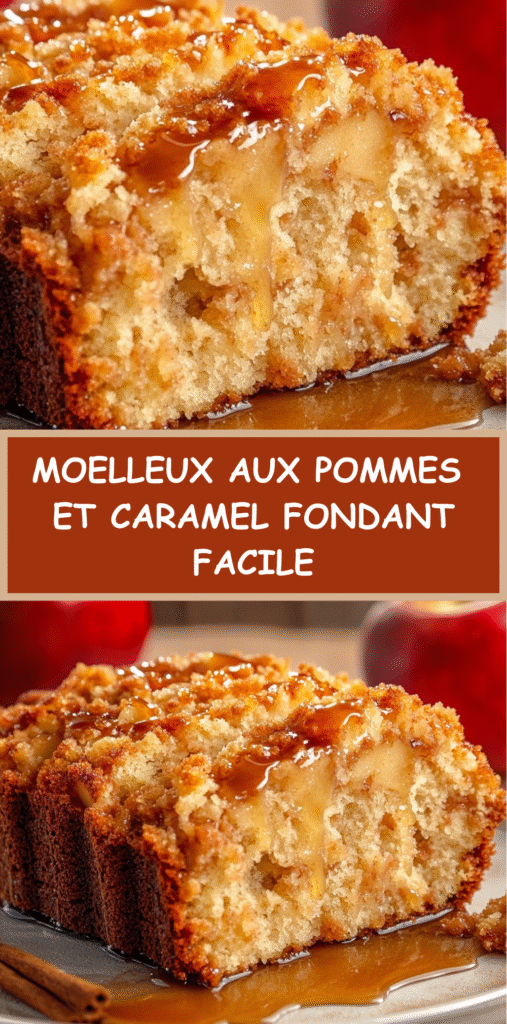 Gâteau moelleux aux pommes nappé de caramel liquide, doré et fondant, servi sur une assiette.