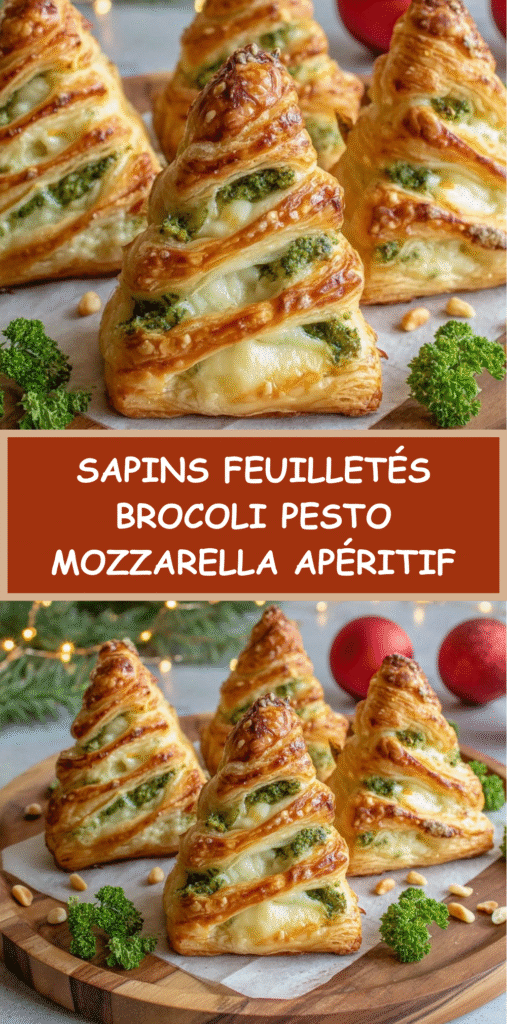 Petits sapins feuilletés dorés garnis de brocoli, pesto et mozzarella fondante, disposés sur une plaque de service pour l’apéritif.