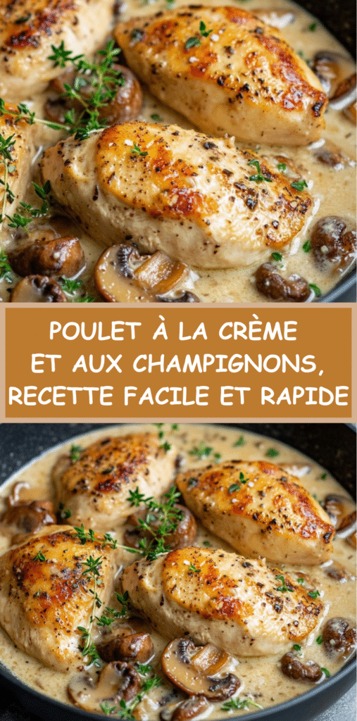 Morceaux de poulet à la crème avec champignons et persil dans une poêle, nappés d’une sauce onctueuse.