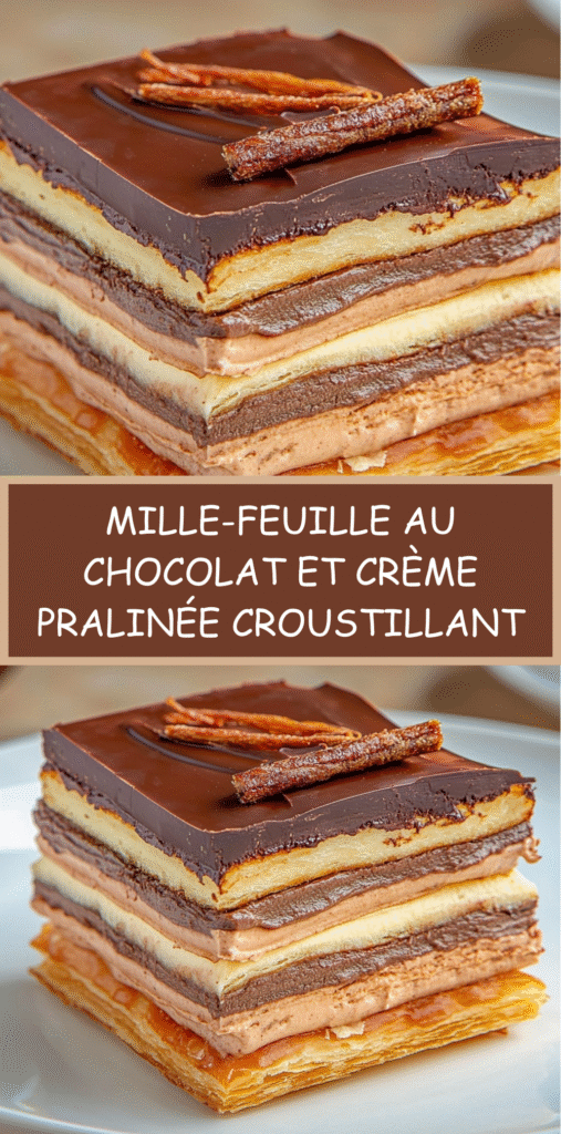 Mille-feuille au chocolat et crème pralinée composé de couches de pâte feuilletée dorée, crème pralinée et ganache au chocolat, décoré de copeaux de chocolat.