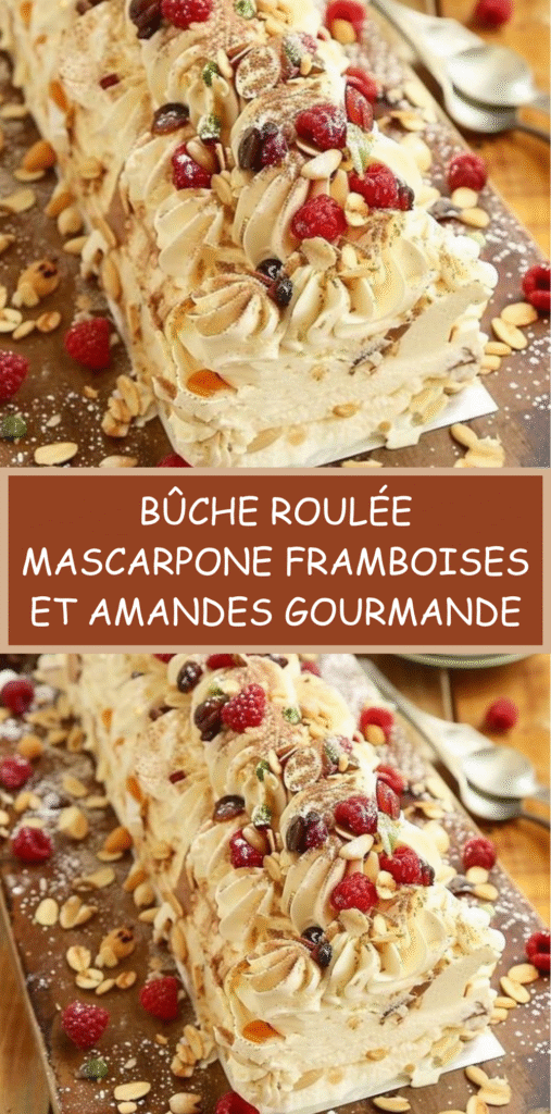Bûche roulée au mascarpone garnie de framboises fraîches et amandes effilées, saupoudrée de sucre glace.