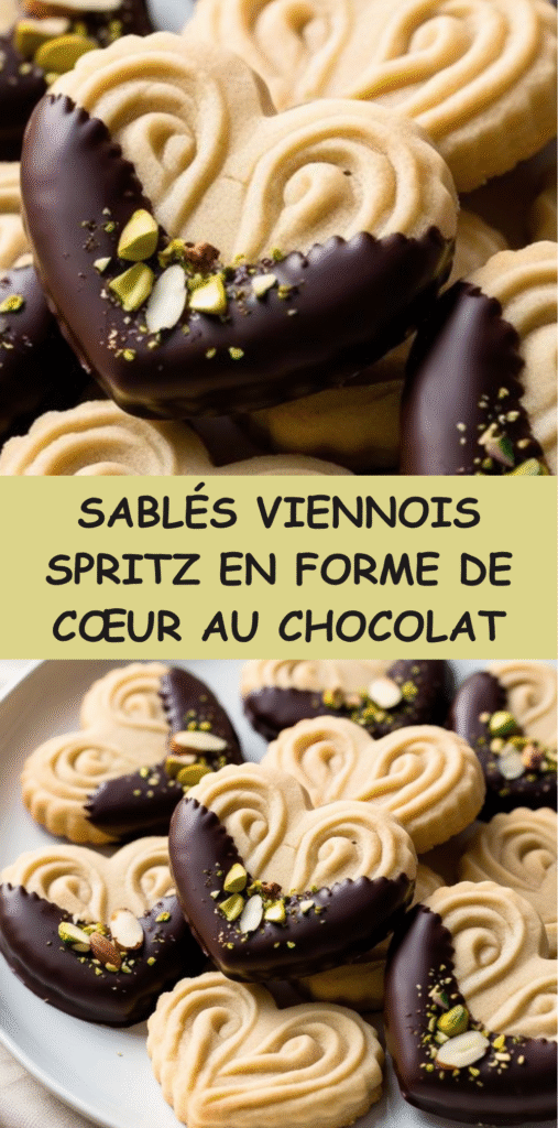 Sablés viennois en forme de cœur, trempés dans le chocolat noir et décorés de pistaches et d’amandes.