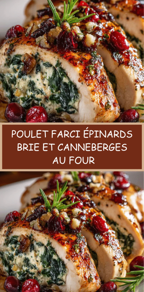 Poitrines de poulet farcies aux épinards, brie fondant et canneberges, nappées de glaçage miel balsamique et garnies de romarin frais.