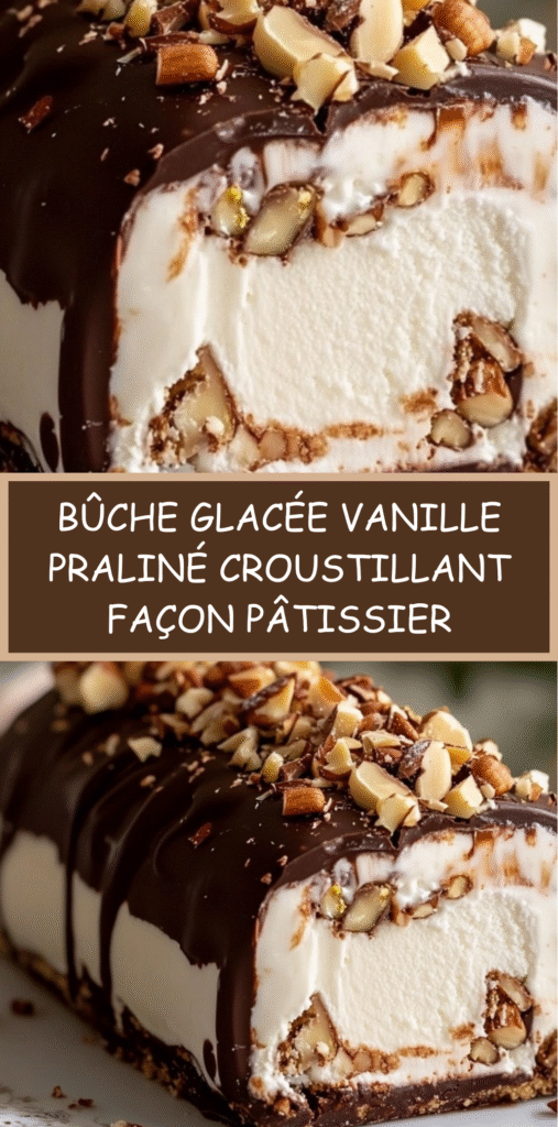 Bûche glacée vanille avec cœur praliné croustillant, nappée de chocolat noir craquant et décorée d’amandes torréfiées.