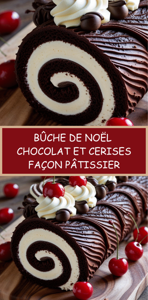 Bûche de Noël roulée au chocolat garnie de crème chantilly aux cerises, nappée de ganache et décorée de cerises et copeaux de chocolat.