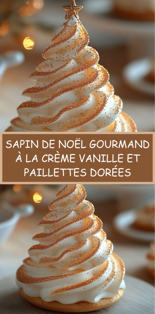 Dessert en forme de sapin de Noël sur base de biscuit sablé, garni de crème vanille pochée en cône et décoré de paillettes et étoiles dorées.