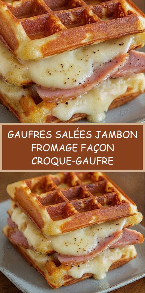 Assiette de gaufres salées dorées garnies de jambon et fromage fondant, servies en croque-gaufres croustillants avec salade verte sur le côté.