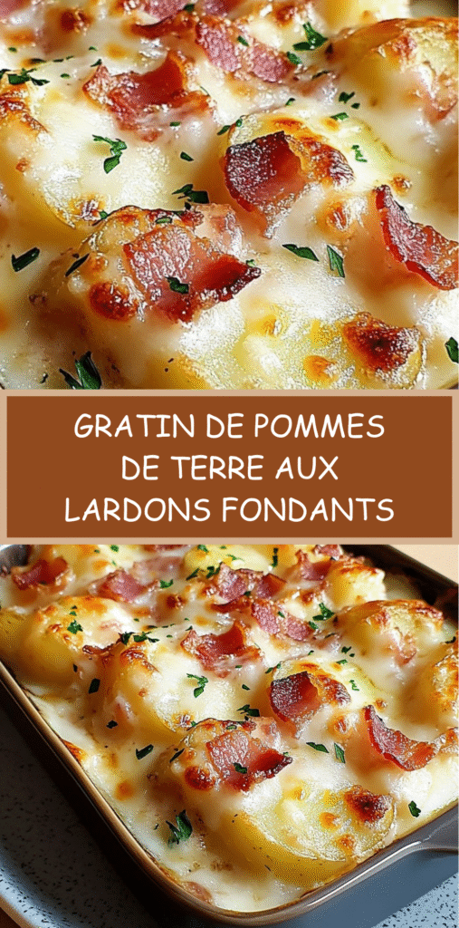 Gratin doré de pommes de terre et lardons fumés avec fromage gratiné et persil frais, servi dans un plat familial sortant du four.