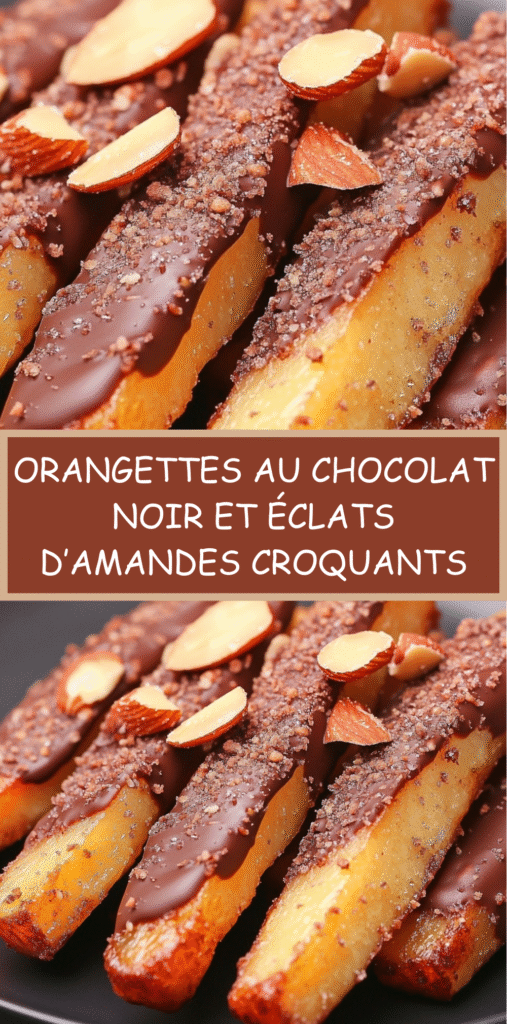 Orangettes au chocolat noir brillantes décorées d’éclats d’amandes grillées, alignées sur une feuille de papier cuisson.