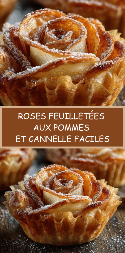 Roses feuilletées aux pommes et à la cannelle dorées au four, disposées dans des moules à muffins, saupoudrées de sucre glace sur une assiette de service.