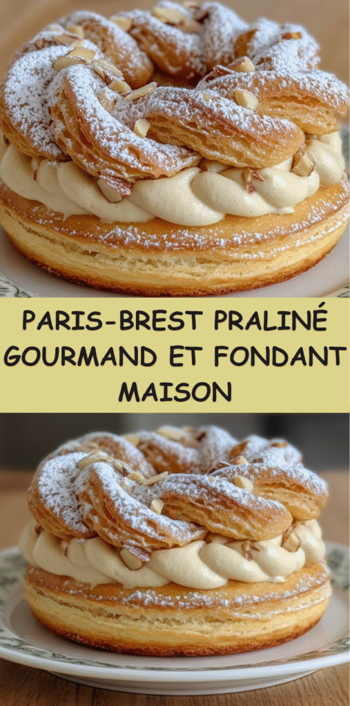 Paris-Brest praliné garni d’une crème pralinée onctueuse et décoré d’amandes grillées.