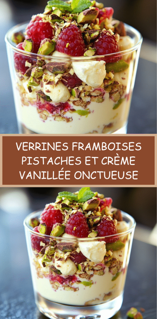 Verrines gourmandes à la crème mascarpone vanillée, framboises fraîches et pistaches concassées, présentées en couches colorées dans des verres transparents.