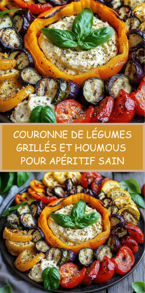 Couronne de légumes grillés colorés disposés autour d’un bol de houmous crémeux au centre d’un plat, décorée de basilic frais et d’un filet d’huile d’olive.
