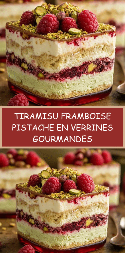 Verrine de tiramisu framboise et pistache avec couches colorées de crème verte à la pistache, coulis de framboise et base biscuitée, décorée de framboises fraîches et pistaches concassées.
