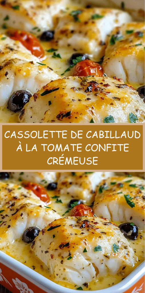 Cassolette de cabillaud gratiné au four, nappé d’une sauce crémeuse à la tomate confite, olives noires et herbes fraîches dans un plat en céramique.